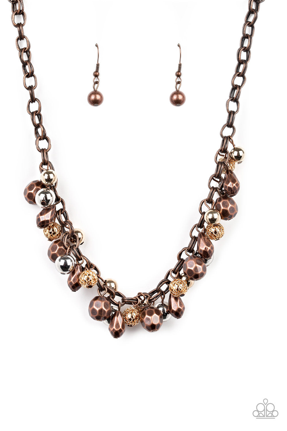 BUILDING MY BRAND - Paparazzi - Featuring shiny, faceted, and mesh finishes, mismatched copper, gold, and silver beads trickle below the collar for an edgy industrial look. Features an adjustable clasp closure.