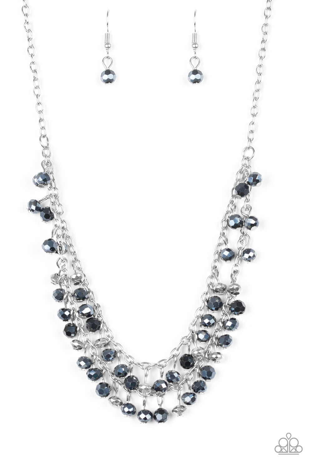 So In Season - Blue _ Paparazzi - Metallic blue gems and faceted silver beads dangle from two rows of silver chains, creating a glamorous fringe below the collar. Features an adjustable clasp closure.  Sold as one individual necklace. Includes one pair of matching earrings.