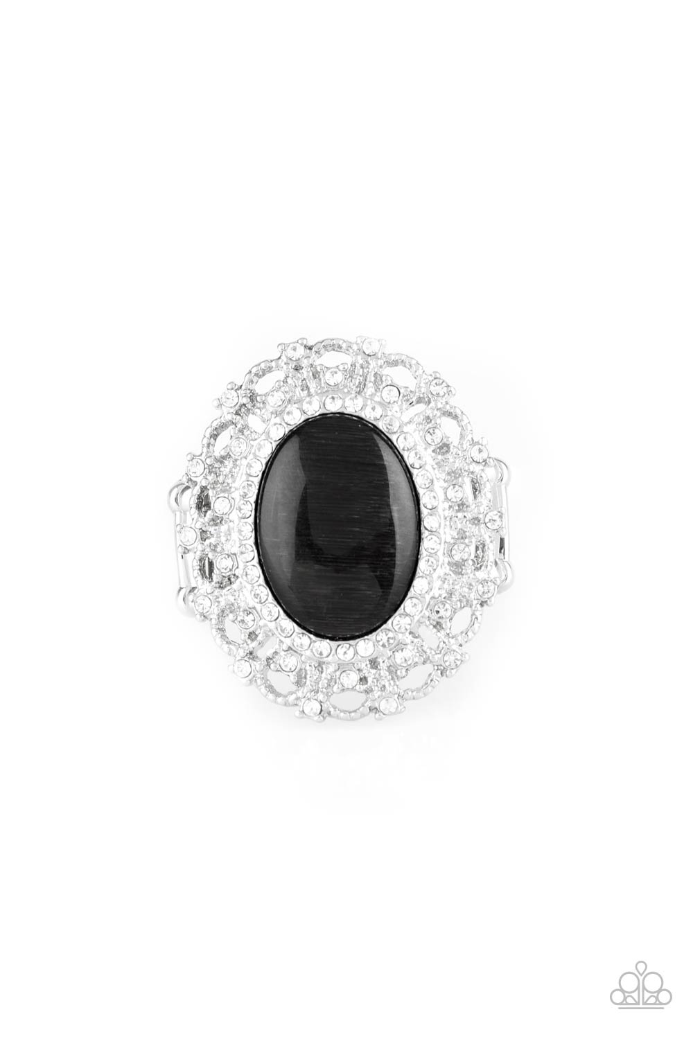 Encrusted in dainty white rhinestones, a frilly silver frame spins around a glowing black moonstone center for a regal look. Features a stretchy band for a flexible fit.  Sold as one individual ring by Paparazzi.