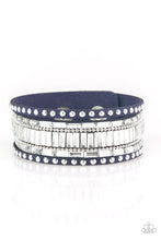 Load image into Gallery viewer, Shiny silver studs, dainty silver ball chains, and edgy white emerald-cut rhinestones race along a spliced blue suede band for a rock star look. Features an adjustable snap closure.
