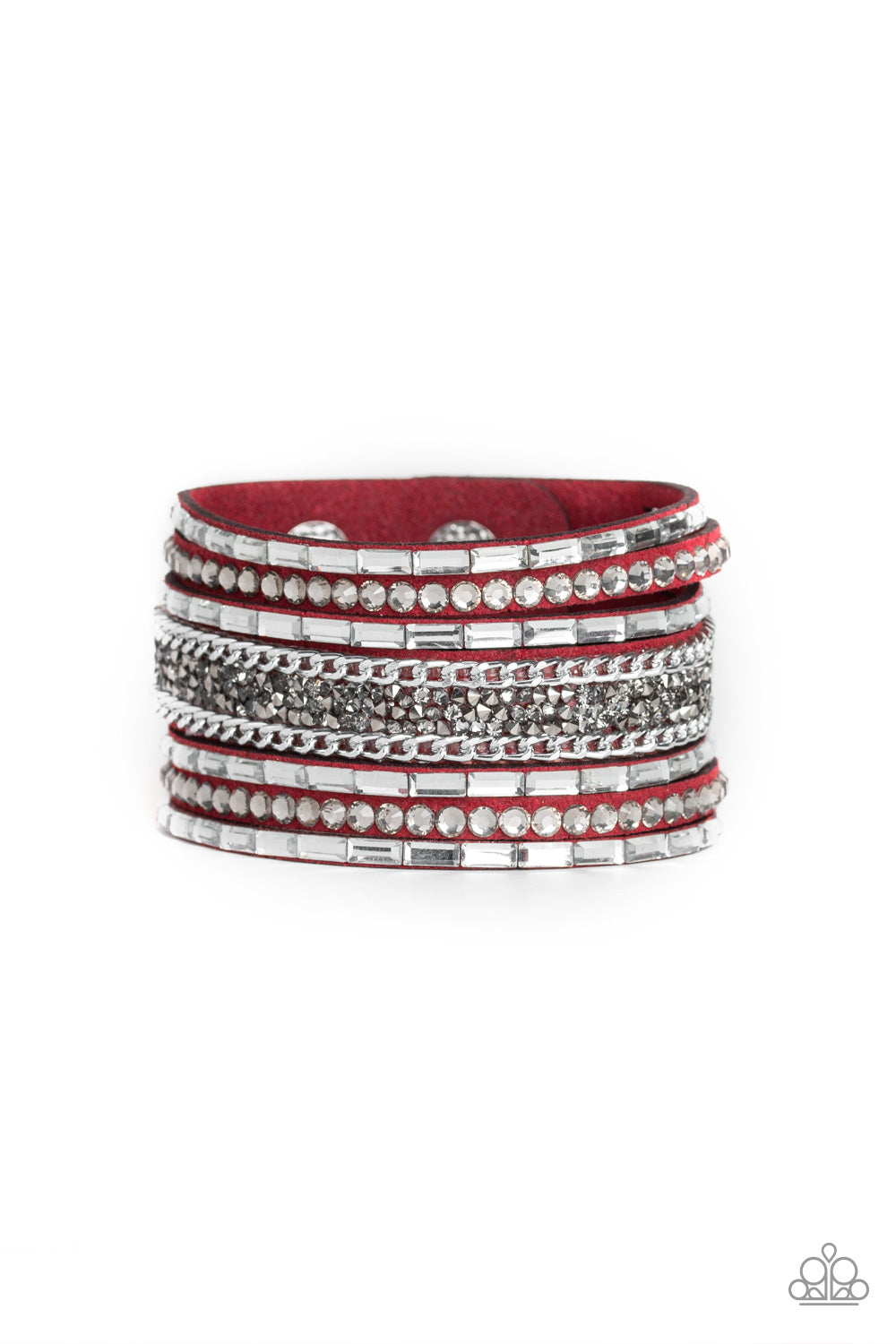 White emerald-cut rhinestones, smoky round rhinestones, and metallic prism-shaped rhinestones are sprinkled along strands of red suede. Shimmery silver chain is added to the mix for a sassy industrial finish. Features an adjustable snap closure.