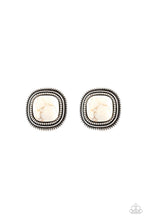 Load image into Gallery viewer, Chiseled into a tranquil square, a refreshing white stone is pressed into a studded silver frame for a seasonal look. Earring attaches to a standard post fitting.
