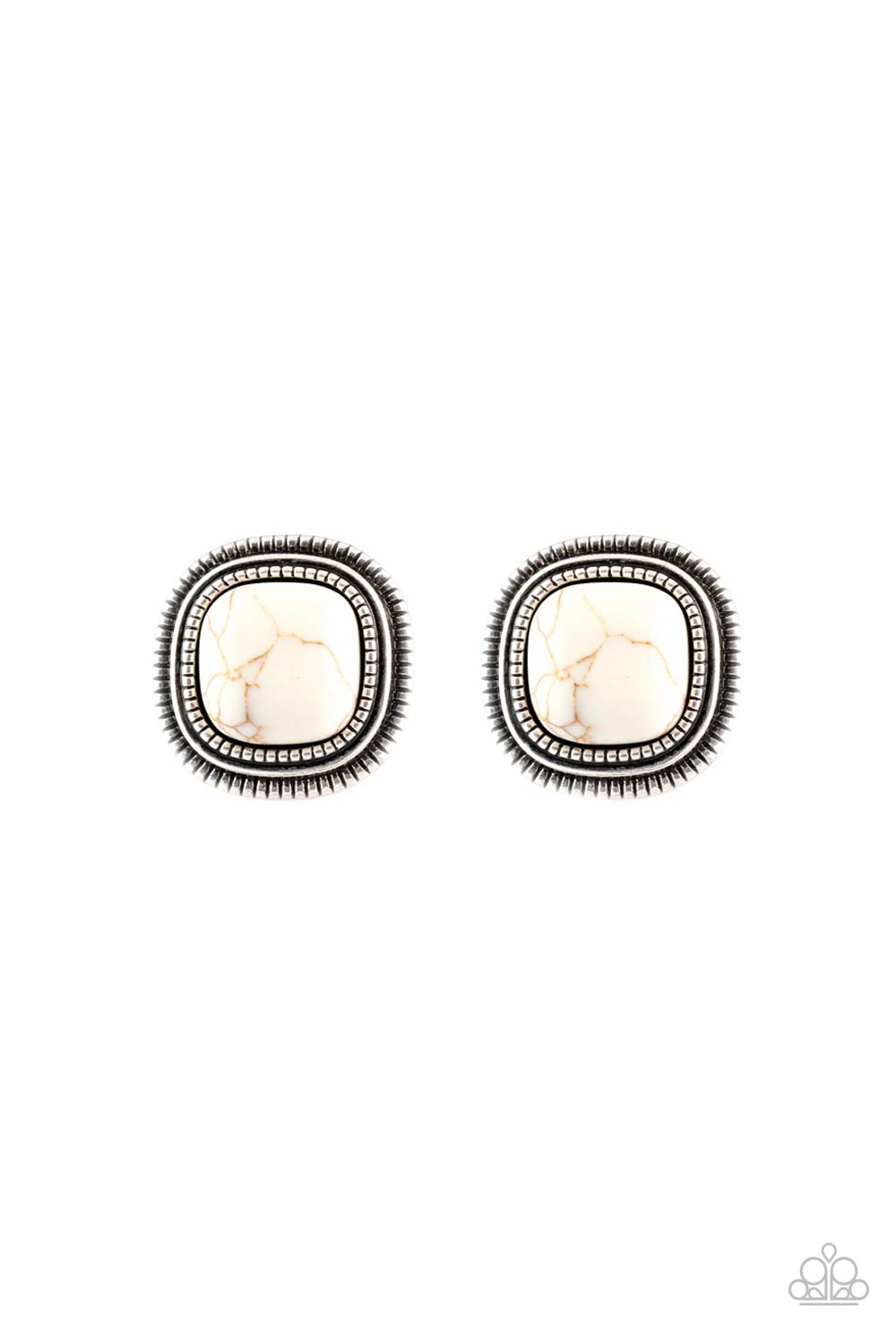 Chiseled into a tranquil square, a refreshing white stone is pressed into a studded silver frame for a seasonal look. Earring attaches to a standard post fitting.