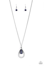 Load image into Gallery viewer, Studded silver teardrops swing from the bottom of a shimmery silver chain. A glowing blue moonstone attaches to the innermost frame, creating a whimsical pendant. Features an adjustable clasp closure.
