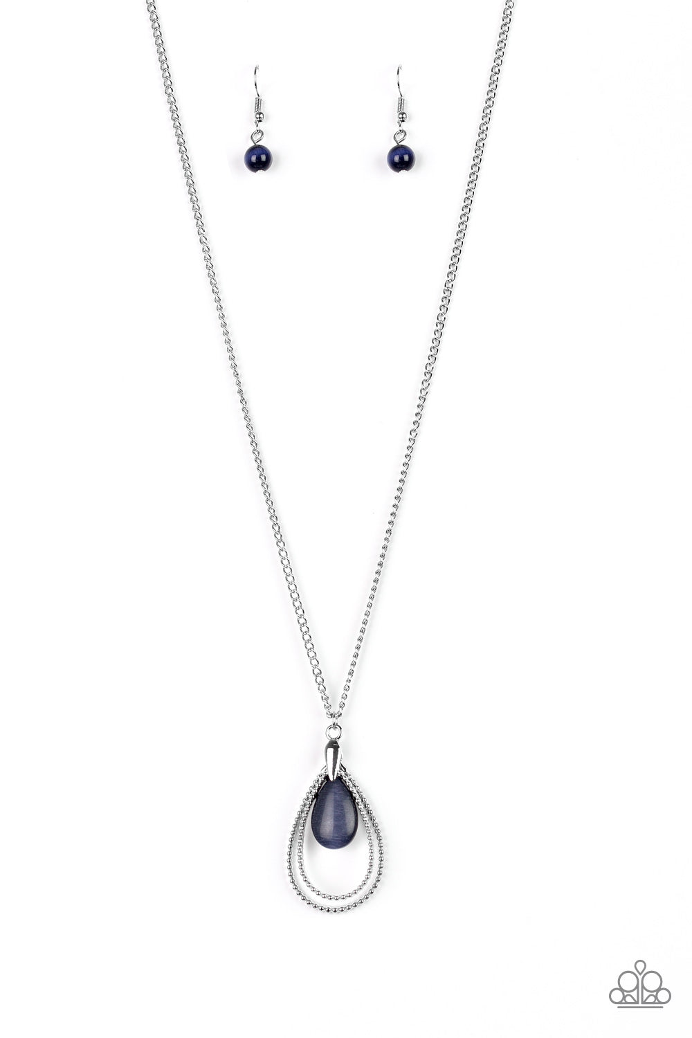 Studded silver teardrops swing from the bottom of a shimmery silver chain. A glowing blue moonstone attaches to the innermost frame, creating a whimsical pendant. Features an adjustable clasp closure.