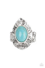 Load image into Gallery viewer, A refreshing turquoise stone is pressed into a shimmery silver frame embossed in swirling details for an artisan inspired look. Features a stretchy band for a flexible fit.
