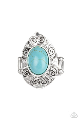 A refreshing turquoise stone is pressed into a shimmery silver frame embossed in swirling details for an artisan inspired look. Features a stretchy band for a flexible fit.