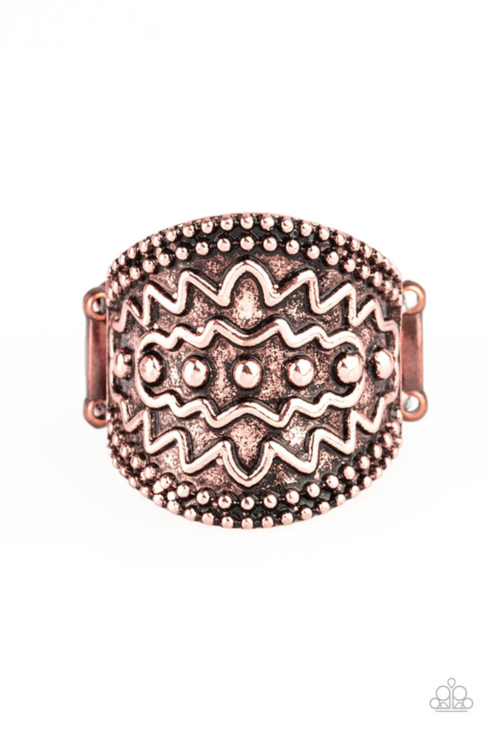 Studded and zigzagging textures are embossed across the front of a thick copper band for a tribal flair. Features a stretchy band for a flexible fit.