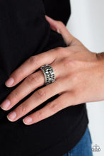 Load image into Gallery viewer, Featuring round, emerald, and marquise style cuts, glittery hematite rhinestones stack across the finger for a glamorous shimmer. Features a stretchy band for a flexible fit.

