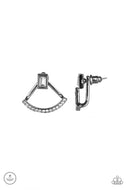 A solitaire emerald-cut rhinestone attaches to a double-sided post, designed to fasten behind the ear. Radiating with a bowing row of white rhinestones, the double sided-post peeks out beneath the ear for an edgy look. Earring attaches to a standard post fitting.