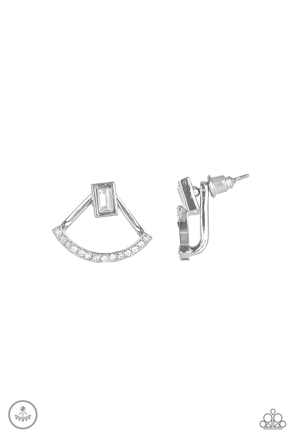 A solitaire emerald-cut rhinestone attaches to a double-sided post, designed to fasten behind the ear. Radiating with a bowing row of white rhinestones, the double sided-post peeks out beneath the ear for an edgy look. Earring attaches to a standard post fitting.