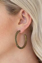 Load image into Gallery viewer, Both sides of a studded brass hoop are encrusted in golden aurum rhinestones for an edgy dazzle. Earring attaches to a standard post fitting. Hoop measures 1 1/2&quot; in diameter.
