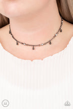 Load image into Gallery viewer, Featuring sleek fittings, dainty white rhinestones link with sections of glistening gunmetal chain around the neck. Shiny gunmetal beads dangle from the chain for a flirtatious finish. Features an adjustable clasp closure.  Sold as one individual choker necklace. Includes one pair of matching earrings.
