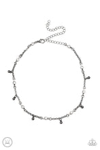 Load image into Gallery viewer, Featuring sleek fittings, dainty white rhinestones link with sections of glistening gunmetal chain around the neck. Shiny gunmetal beads dangle from the chain for a flirtatious finish. Features an adjustable clasp closure.  Sold as one individual choker necklace. Includes one pair of matching earrings.
