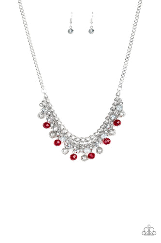 A collection of metallic net covered beads, shiny silver beads, and glittery red and metallic flecked crystal-like beads swing from the bottom of interlocking silver chains, creating a refined fringe below the collar. Features an adjustable clasp closure.  Sold as one individual necklace. Includes one pair of matching earrings.