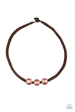 Load image into Gallery viewer, Three antiqued copper beads are knotted in place along a brown braided cord below the collar for an urban look. Features a button loop closure.
