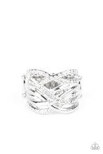 Load image into Gallery viewer, High Rollin&#39; - White - Paparazzi - Encrusted in sporadic rows of glittery white rhinestones, glistening silver bars race across the finger, creating stacked shimmer. Features a stretchy band for a flexible fit.
