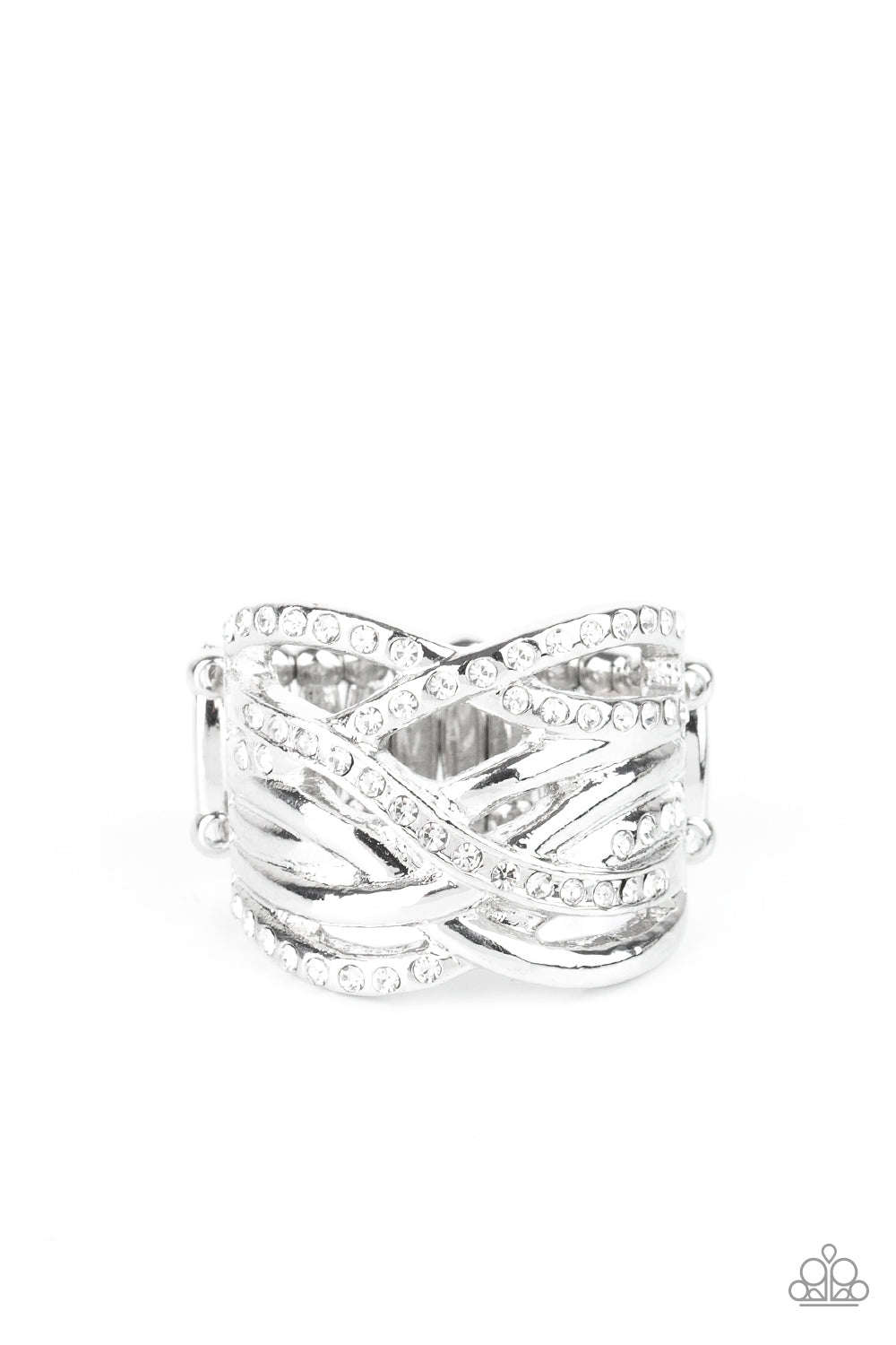 High Rollin' - White - Paparazzi - Encrusted in sporadic rows of glittery white rhinestones, glistening silver bars race across the finger, creating stacked shimmer. Features a stretchy band for a flexible fit.