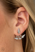 Load image into Gallery viewer, A solitaire silver kite-shaped frame attaches to a double-sided post, designed to fasten behind the ear. Infused with matching kite-shaped frames, the double sided-post peeks out beneath the ear for an edgy look. Earring attaches to a standard post fitting.  Sold as one pair of jacket earrings.
