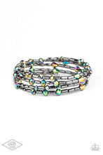 Load image into Gallery viewer, Varying in size and shape, iridescent gems and glistening gunmetal beads are threaded along a coiled wire, creating a regal infinity wrap style bracelet around the wrist.
