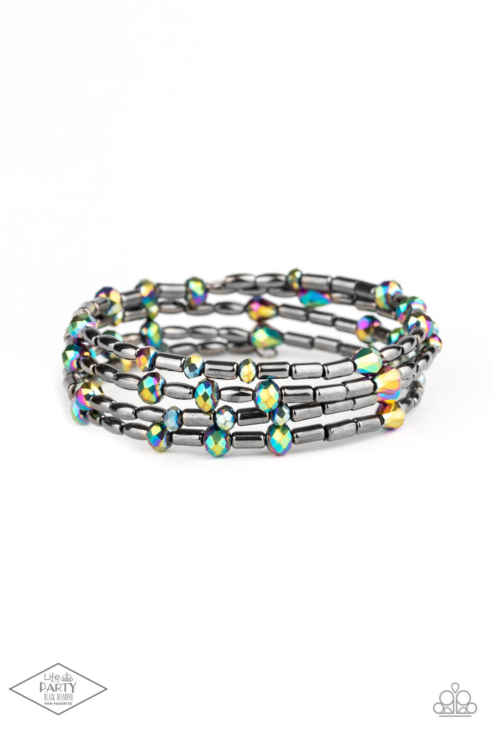 Varying in size and shape, iridescent gems and glistening gunmetal beads are threaded along a coiled wire, creating a regal infinity wrap style bracelet around the wrist.