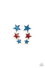 Load image into Gallery viewer, Let freedom ring with these red, white and blue iridescent stars. Earrings attach to standard post-back fittings.  SOLD AS A PACK PAIRS OF ASSORTED EARRINGS OF 5 FOR $5 (One of each style pictured)!
