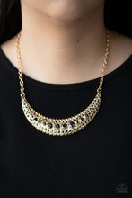 Load image into Gallery viewer, Varying in size, row after row of smoky hematite rhinestones are encrusted along the front of a studded half moon gold frame, creating a glittery statement below the collar. Features an adjustable clasp closure.
