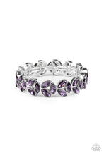 Load image into Gallery viewer, Trios of elegant marquise purple rhinestones delicately join into leafy silver frames along a stretchy band, creating a refined display around the wrist.
