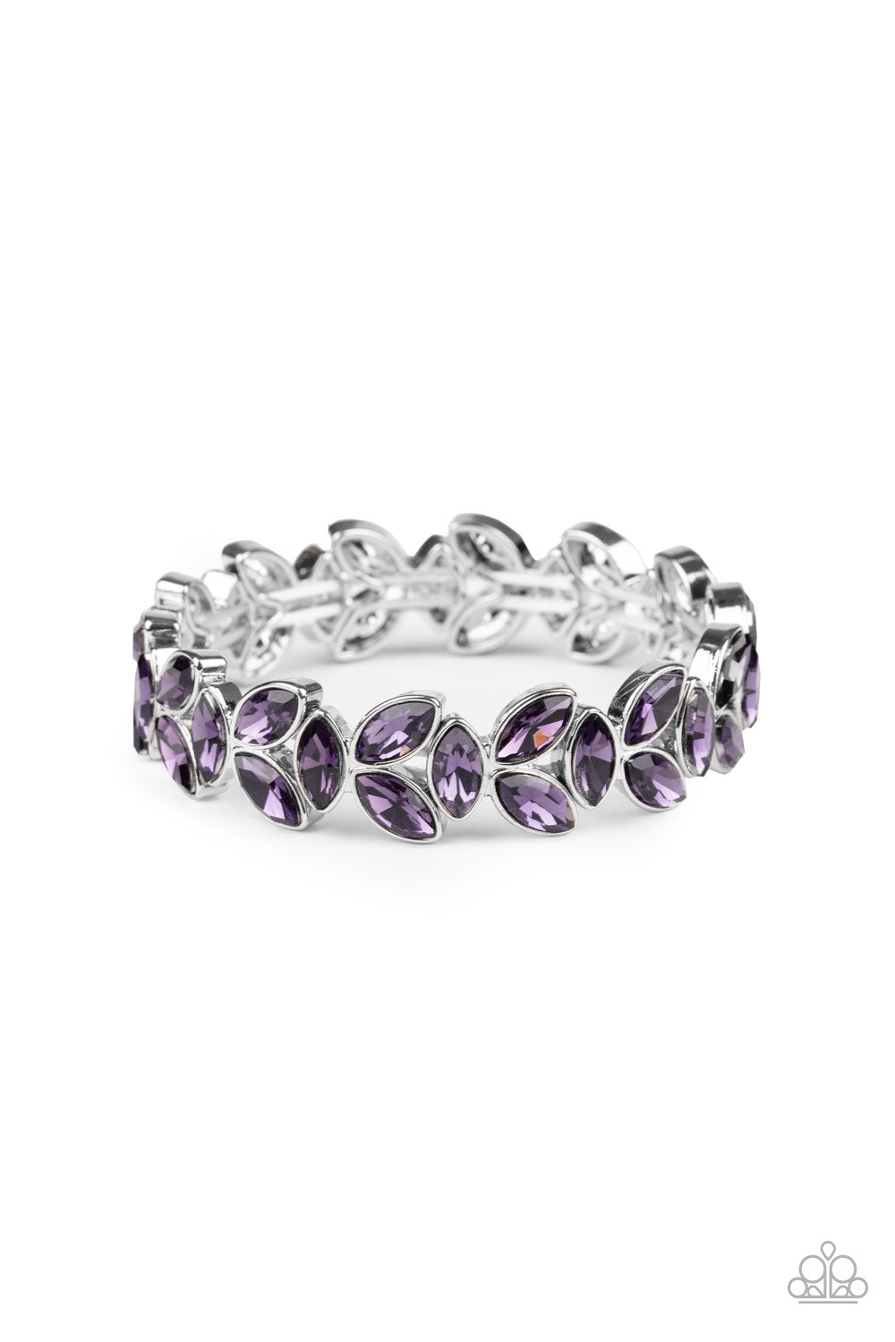 Trios of elegant marquise purple rhinestones delicately join into leafy silver frames along a stretchy band, creating a refined display around the wrist.