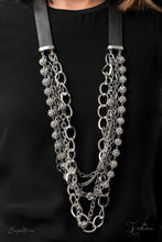 Load image into Gallery viewer, Attached to two strips of black leather, strands of bedazzled white rhinestone encrusted silver beads drape between an exaggerated display of mismatched silver and gunmetal chains down the chest. With its edgy sparkle, grunge meets glamour in this heart-stopping statement-maker. Features an adjustable clasp closure.
