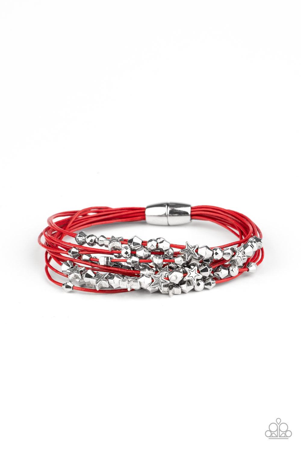 STAR-STUDDED AFFAIR - Paparazzi - A collection of faceted silver beads and silver star charms slides along red cords that layer across the wrist of a colorful look. Features a magnetic closure.