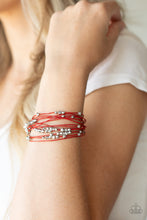 Load image into Gallery viewer, STAR-STUDDED AFFAIR - Paparazzi - A collection of faceted silver beads and silver star charms slides along red cords that layer across the wrist of a colorful look. Features a magnetic closure.
