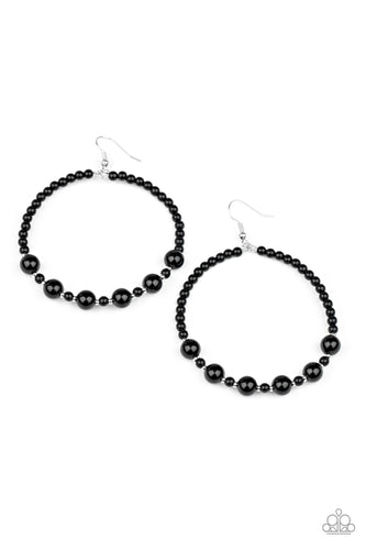 Varying in shape and size, a bubbly array of polished black beads and dainty silver accents glide along a wire hoop for a classy finish. Earring attaches to a standard fishhook fitting. Hoop Earrings - $5 Jewelry 
