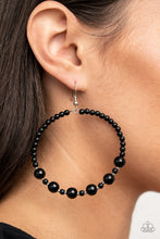 Load image into Gallery viewer, Varying in shape and size, a bubbly array of polished black beads and dainty silver accents glide along a wire hoop for a classy finish. Earring attaches to a standard fishhook fitting. HOOP EARRINGS- $5 JEWELRY 
