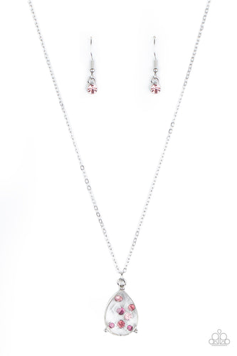 An illusion of dainty pink rhinestones collect inside a faceted white teardrop gem, creating a glittery pendant below the collar. Features an adjustable clasp closure.