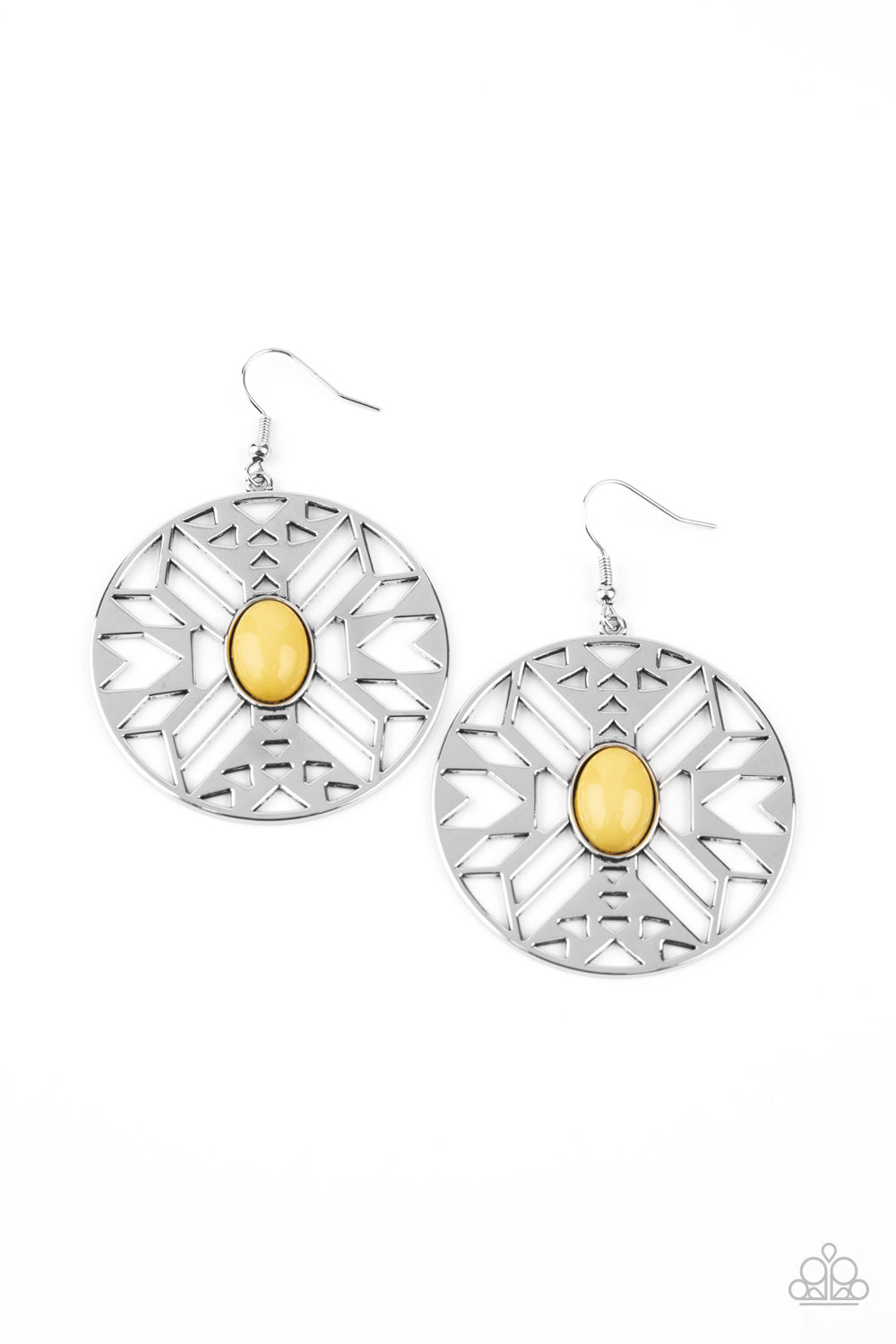 SOUTHWEST WALKABOUT - Paparazzi - An oval yellow bead adorns the center of a round silver frame radiating with an airy southwestern inspired pattern for a whimsical look. Earring attaches to a standard fishhook fitting.  Sold as one pair of earrings.