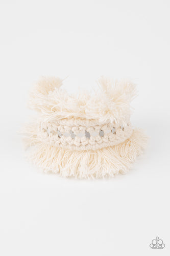 HOMESPUN HARDWARE- Paparazzi - Twine-like thread decoratively knots around an airy silver cuff, creating a macramé inspired fringe around the wrist.