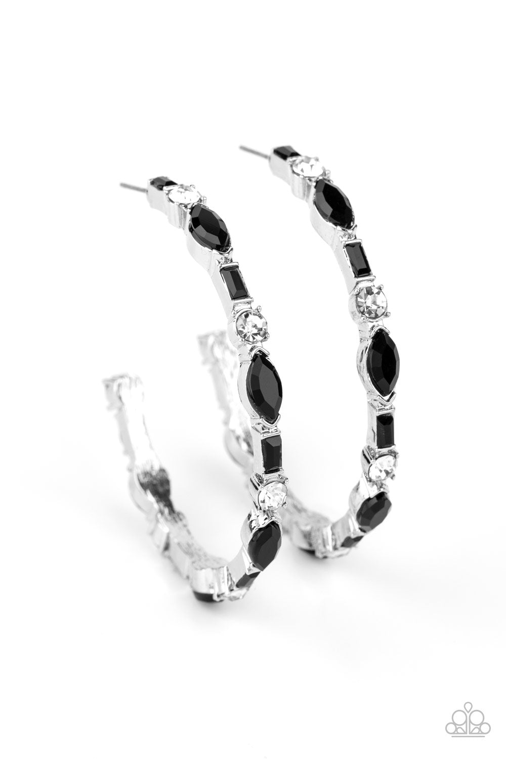 Featuring round, emerald, and marquise style cuts, a glittery collection of black and white rhinestones coalesce into a sparkly hoop for a glamorous finish. Earring attaches to a standard post fitting. Hoop measures approximately 2