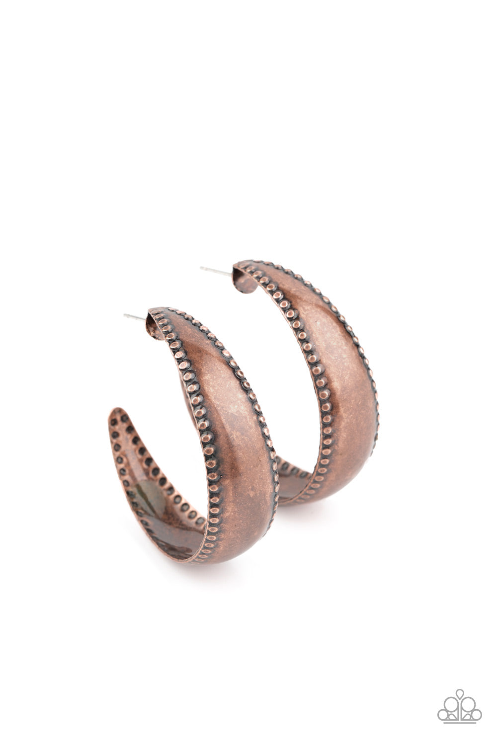 Bordered in a flattened studded pattern, an antiqued copper hoop curls into a dainty hoop for a rustic flair. Earring attaches to a standard post fitting. Hoop measures approximately 1 1/2