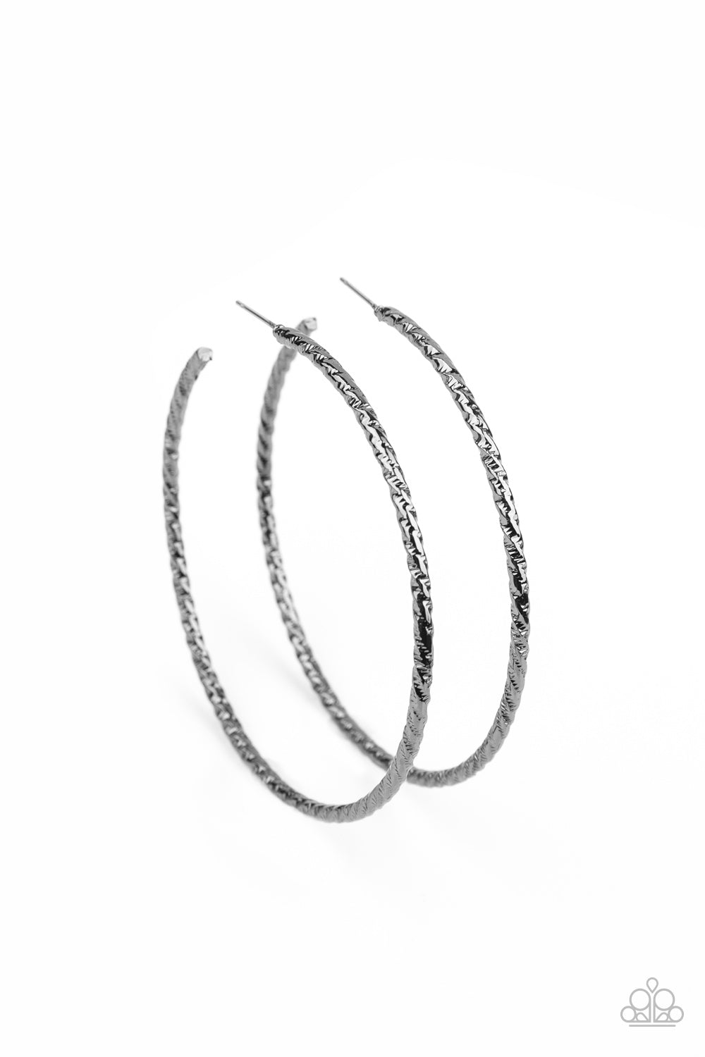 Etched and hammered in striking texture, a shimmery gunmetal bar delicately curls into a dramatically oversized hoop. Earring attaches to a standard post fitting. Hoop measures approximately 3
