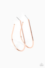 Load image into Gallery viewer, A shiny copper bar sleekly curls into an elongated hoop for a chic look. Earring attaches to a standard post fitting. Hoop measures approximately 1 1/2&quot; in diameter.

