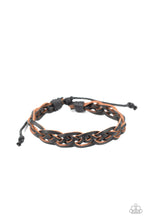 Load image into Gallery viewer, Rustic leather laces decoratively weave across the wrist, creating a rugged centerpiece. Features an adjustable sliding knot closure.
