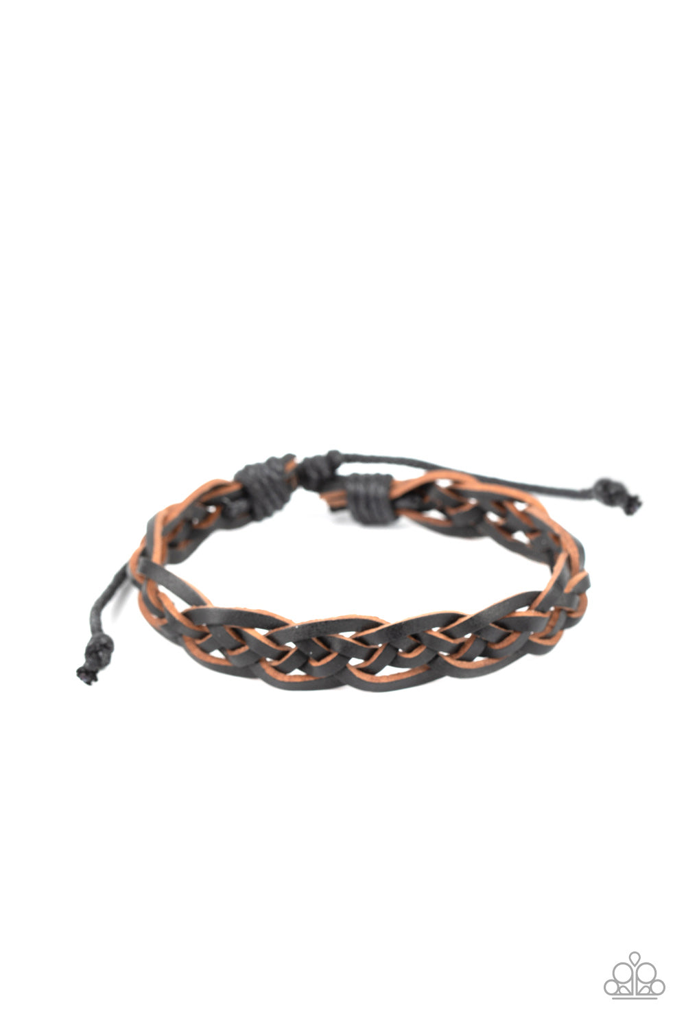 Rustic leather laces decoratively weave across the wrist, creating a rugged centerpiece. Features an adjustable sliding knot closure.