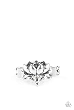 Load image into Gallery viewer, Brushed in an antiqued shimmer, a lifelike silver lotus embellishes the center of a dainty silver band for a whimsical look. Features a dainty stretchy band for a flexible fit.
