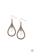 Load image into Gallery viewer, Featuring wire wrap detail, a dainty white stone swings from the top of a studded copper teardrop frame featuring filigree detail for a tranquil finish. Earring attaches to a standard fishhook fitting
