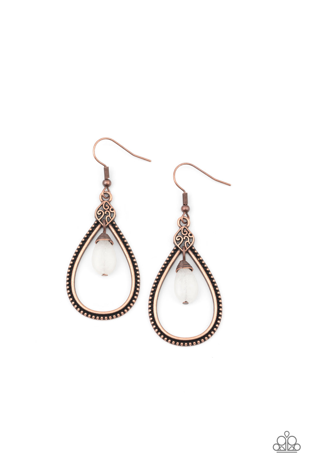 Featuring wire wrap detail, a dainty white stone swings from the top of a studded copper teardrop frame featuring filigree detail for a tranquil finish. Earring attaches to a standard fishhook fitting