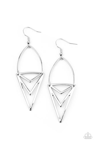 Attached to a dainty silver wire fitting, an edgy triangular frame swings from the ear for a bold tribal look. Earring attaches to a standard fishhook fitting.  Sold as one pair of earrings.