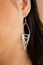 Load image into Gallery viewer, Attached to a dainty silver wire fitting, an edgy triangular frame swings from the ear for a bold tribal look. Earring attaches to a standard fishhook fitting.  Sold as one pair of earrings.

