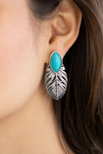 Load image into Gallery viewer, Chiseled into a tranquil marquise shape, a refreshing turquoise stone is pressed into the top of an antiqued silver frame for a seasonal look. Earring attaches to a standard post fitting.

