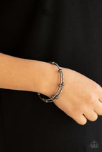 Load image into Gallery viewer, Dainty sections of glassy white rhinestones and glistening gunmetal beads delicately coil around the wrist, creating a timeless shimmer.
